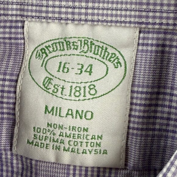 Brooks Brothers Milano Cotton Check Non-Iron 16 34 Purple Shirt Long Sleeve Men - Picture 9 of 12
